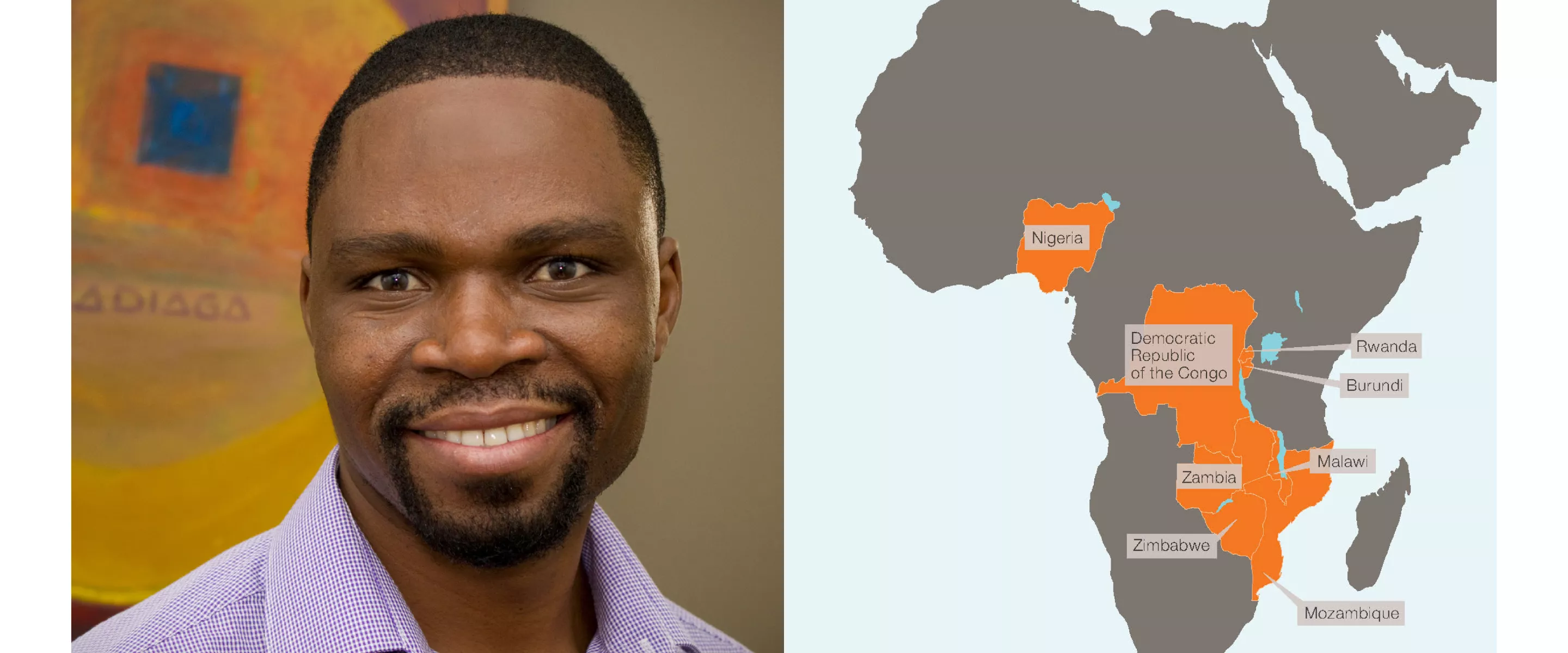 photo of man smiling at camera next to map of Africa with some countries highlighted