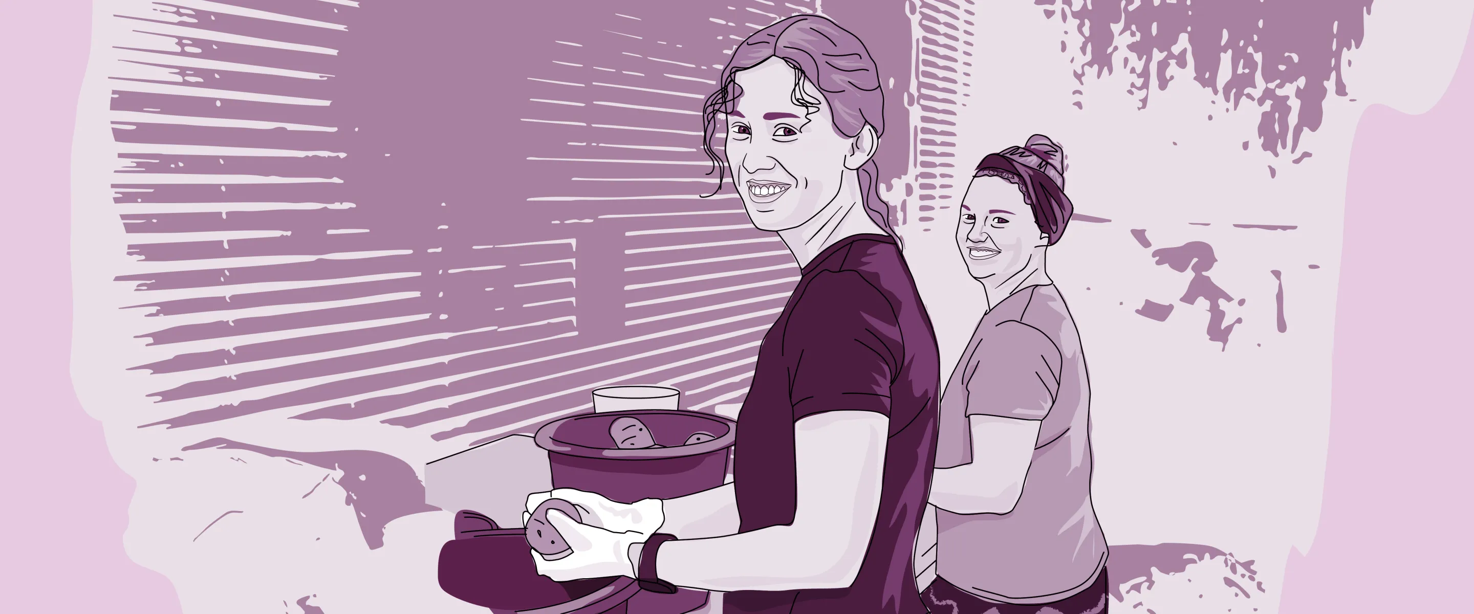 An illustrated image of two ladies washing potatoes.