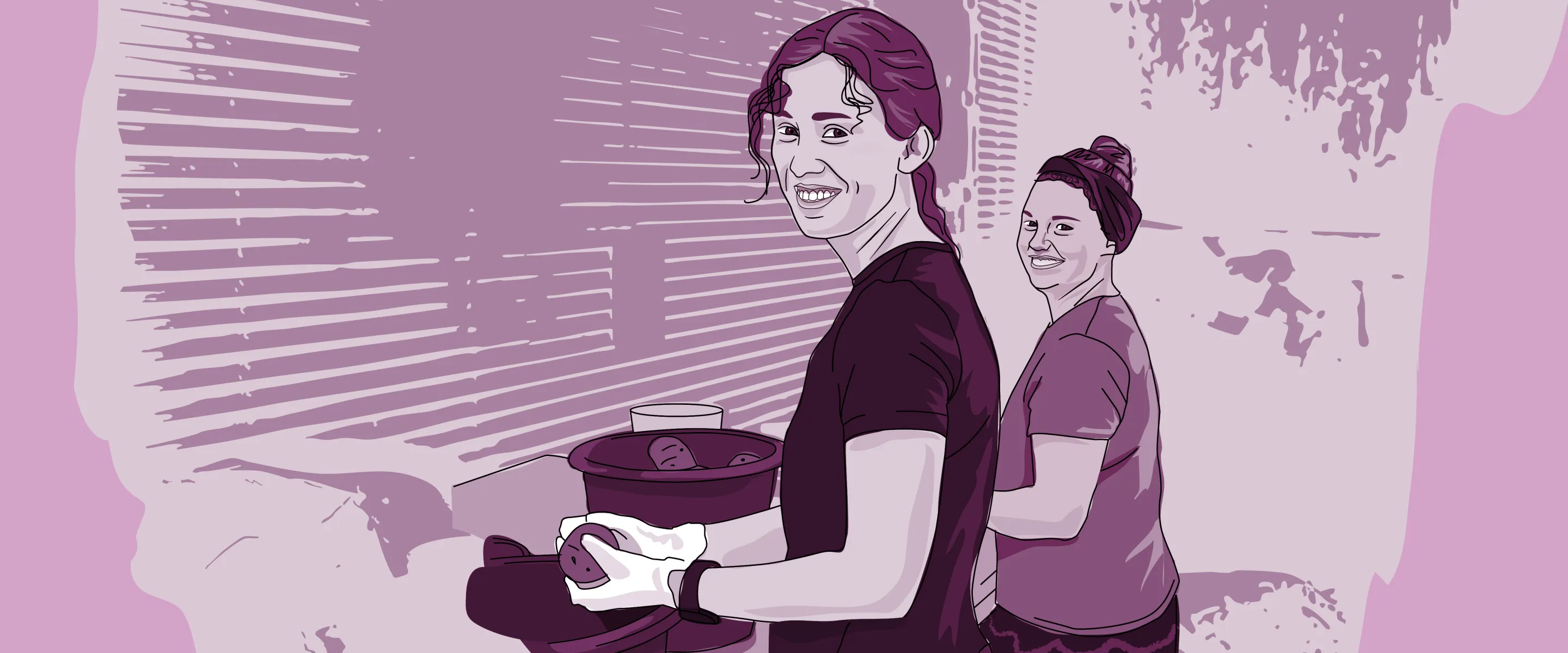 An illustrated image of two ladies washing potatoes.