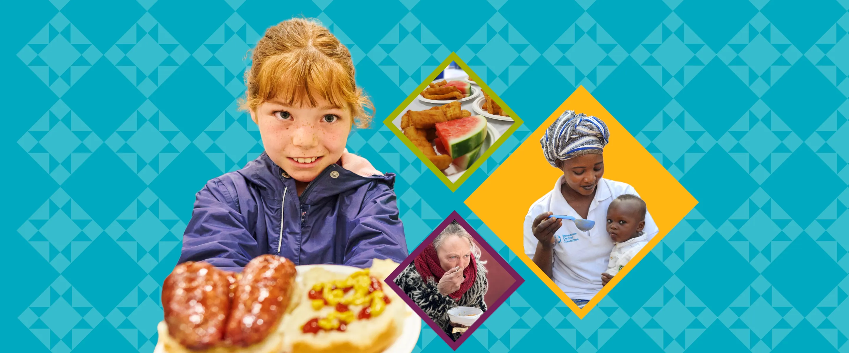 A girl holding a plate of farmers sausage on a bun with a quilted collage including a woman feeding a baby, watermelon and rollkuchen and a Ukrainian woman in winter clothing eating soup