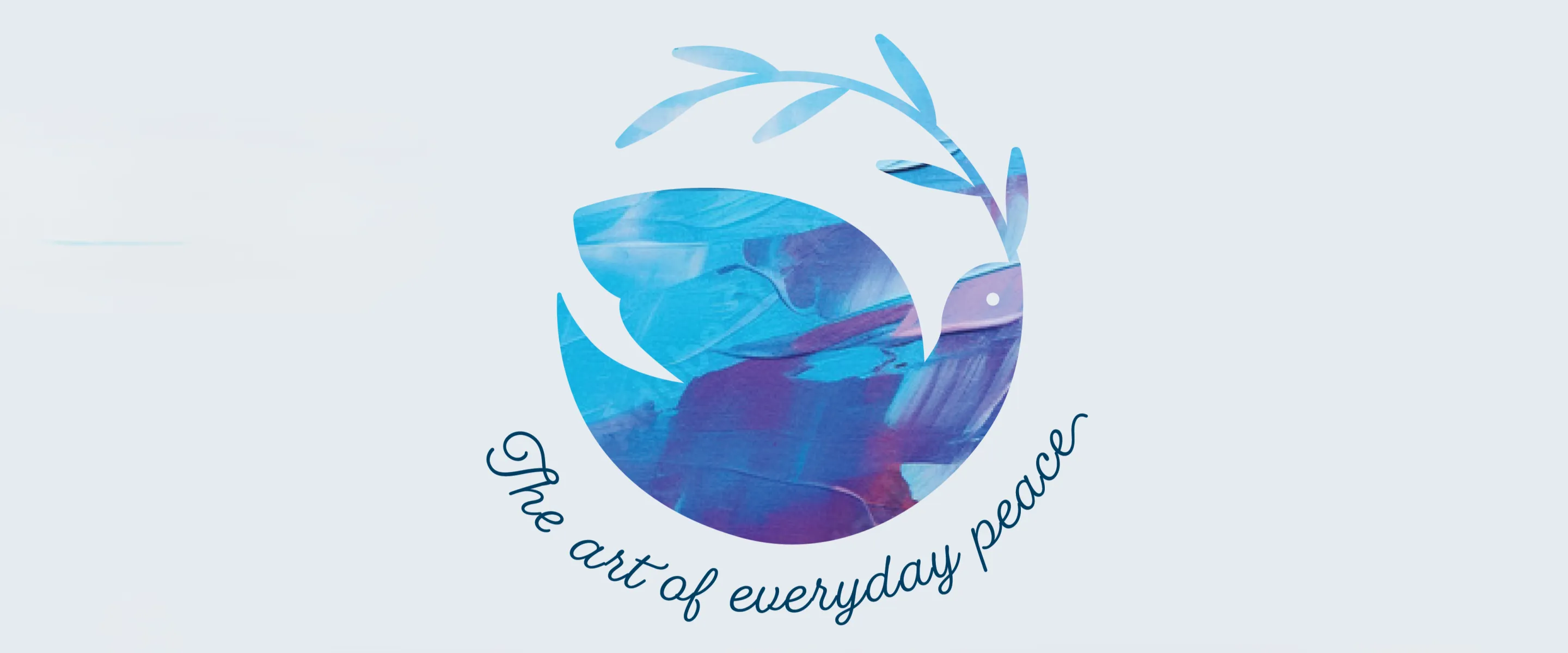 A designed dove with an olive branch in its mouth. The dove and branch make a circular shape and the words "The art of everyday peace" are written underneath.