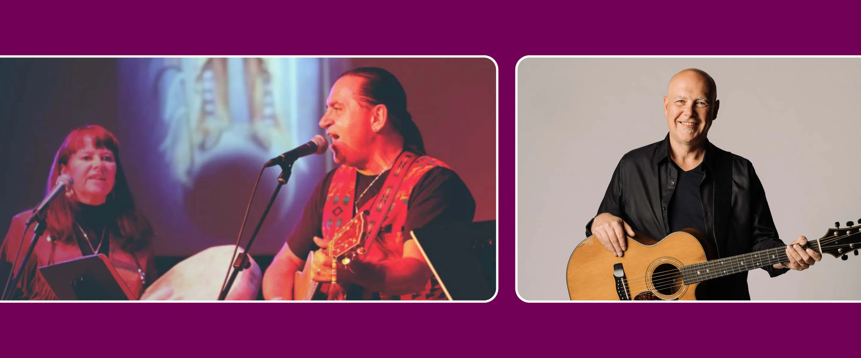 Music & Storytelling event poster featuring RainSong (Terry and Darlene Wildman) and Brian Doerksen with guitars and microphones.