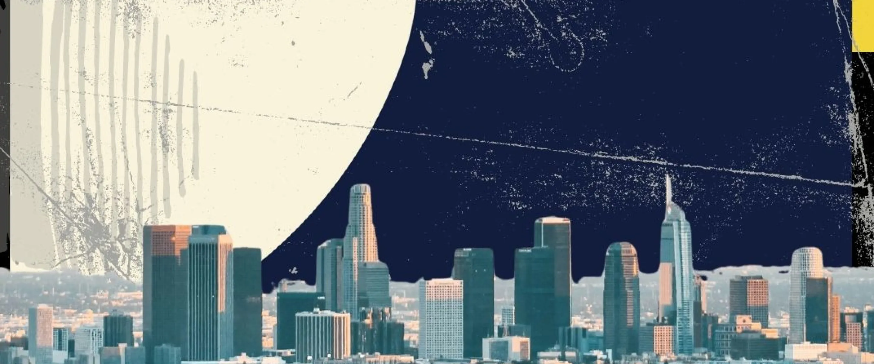Art depicting the Los Angeles skyline, large moon.