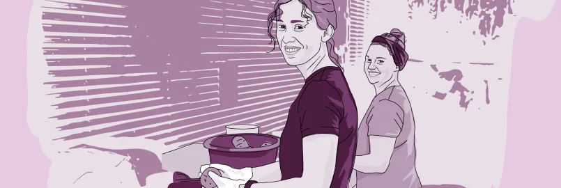 An illustrated image of two ladies washing potatoes.