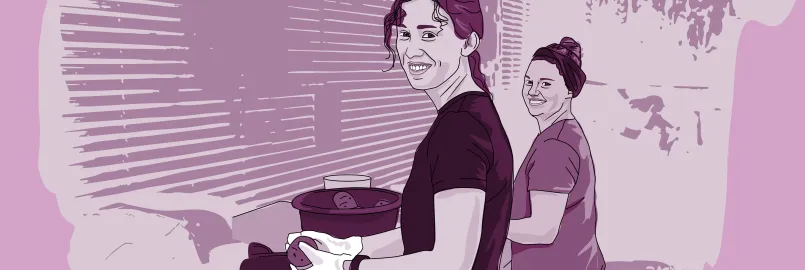 An illustrated image of two ladies washing potatoes.