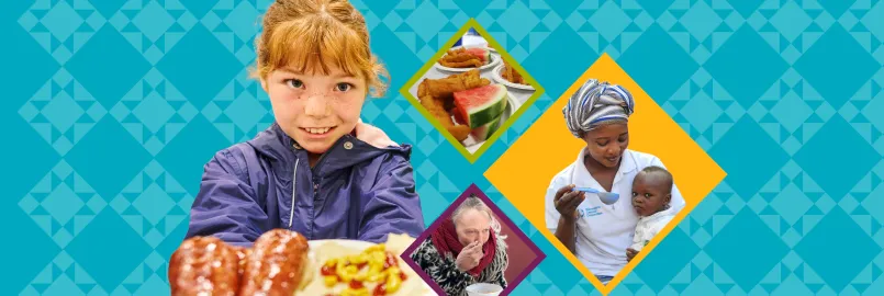 A girl holding a plate of farmers sausage on a bun with a quilted collage including a woman feeding a baby, watermelon and rollkuchen and a Ukrainian woman in winter clothing eating soup