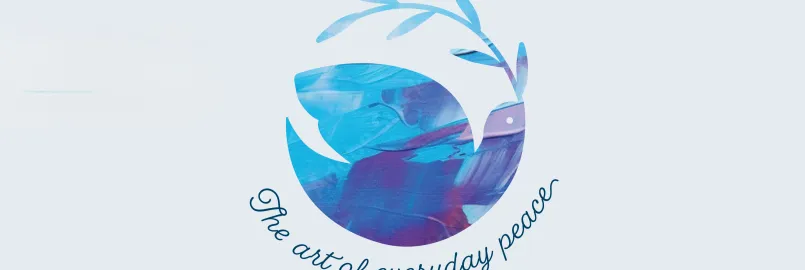 A designed dove with an olive branch in its mouth. The dove and branch make a circular shape and the words "The art of everyday peace" are written underneath.