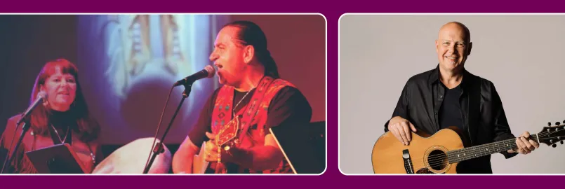 Music & Storytelling event poster featuring RainSong (Terry and Darlene Wildman) and Brian Doerksen with guitars and microphones.