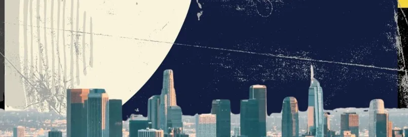 Art depicting the Los Angeles skyline, large moon.