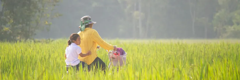 Tau Sreyneing rides a bike through rice fields with her daughter Tung Sreyneat riding behind in Mesang district, Cambodia. Bikes are one of the main forms of transportation in Cambodia, especially in