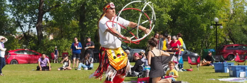 Melvin Starr, Ojibwe Hoop Dancer, performed at the We Are All Treaty People Celebration held on Parks Canada land at the Forks, the meeting place of the Red and Assiniboine Rivers, in Winnipeg, Manito