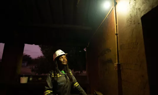 A woman looking at a lightbulb outside in the evening