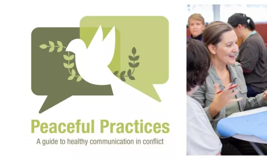 A banner showing Peaceful Practices logo and a group of people sitting around a table.