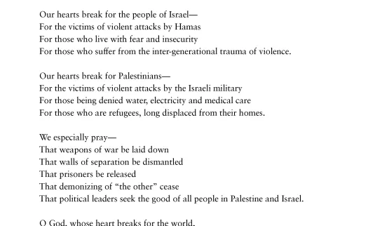 Text showing a prayer for Palestine and Israel