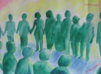 A watercolor painting pictures people in green profile standing in a circle.