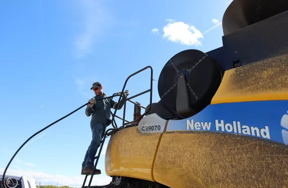 farmer looking down for combine harvester