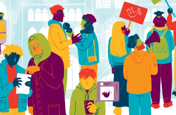 Illustration showing individuals and groups completing acts of advocacy