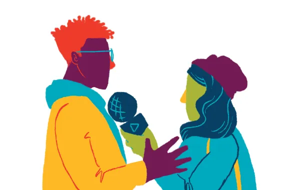 Illustration showing one individual holding a microphone while the other individual talks