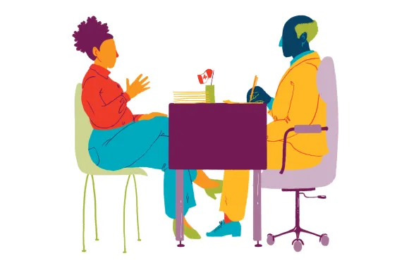 Illustration showing two individuals sitting at a table talking