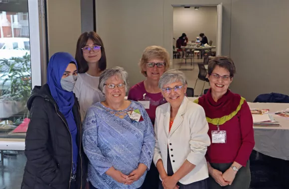 Teachers and volunteers at Womens Global Village in Lancaster, Pennsylvania, gather for a photo in April 2023. Pictured (from left to right) are Roohafza Emami, Suzanna Hrishka, Renee Fisher, Nina Han