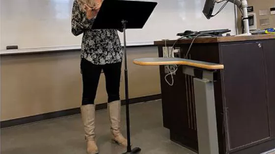 Val Hiebert, program co-coordinator for MCC Manitoba’s abuse response and prevention program and professor of sociology at the University of Manitoba, lectures one of her classes at the University of Manitoba.