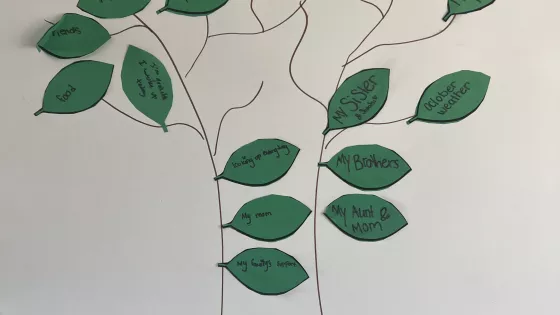 Drawn picture of a tree with green pasted leaf cutouts