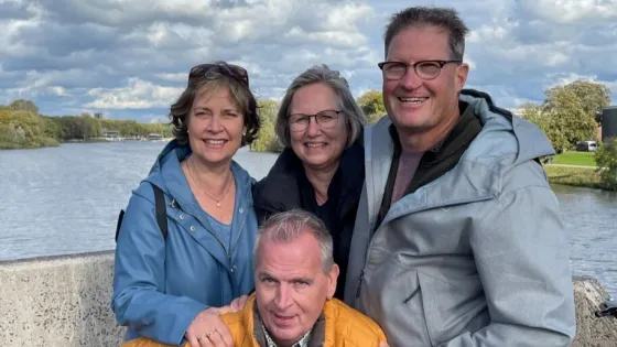 Ingrid Laan, Aline Wielenga and Sjoerd Huese, and Erik Husslage (front), IVEP participants 1986-87 from the Netherlands together in Munster, Germany, in October 2023.