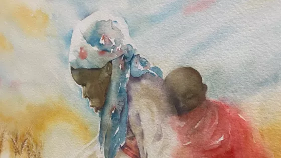 a water colour painting of a mother farming while carrying her child on her back