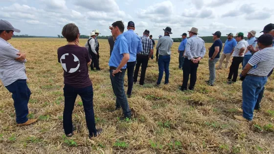 A group of people standing a field