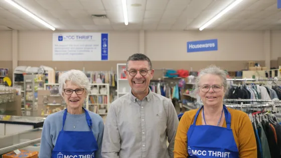 Mary Anne Falk, Konrad Loewen and Yvonne Jeffers in an MCC Thrift Shop