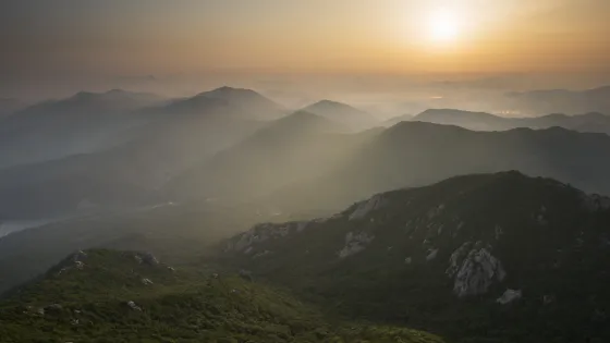 A photo of dawn over mountains in Korea, there is a layer of fog at the mountaintops and soft orange and yellow light as the sun peeks through.
