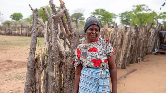 An elderly woman stands beside a wooden fence in a rural setting, wearing a patterned top and a head covering, with trees in the background.