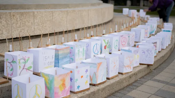 Two lines of square paper lanterns decorated with messages encouraging peace