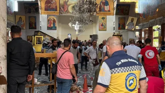 people look at damage of bombed church in Syria