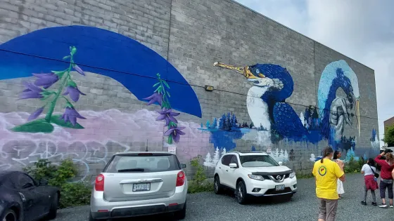 A huge mural on the side of a building depicting a blue Kingfisher and heron