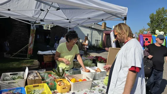 A man looks at a table of fresh vegetables as a woman behind the table points at the vegetables.