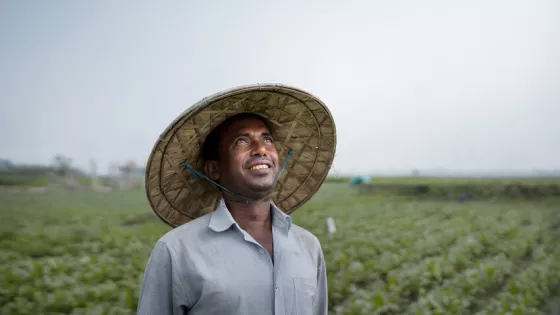 MD Rahim (38) harvests pesticide-free vegetables on his farm as part of a project initiative for environment-friendly agriculture implemented by PUP, funded by MCC. These vegetables will be sold later