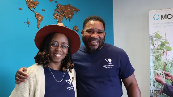 Dr. Lori Banfield, Executive Director of Redemption Housing, and Jonathan McClendon, Chaplain Intern at Redemption Housing, pose for a photo after completing an interview in Philadelphia, PA, in Novem