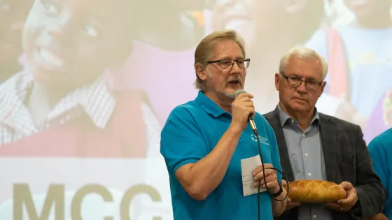 Wayne Bremner, Executive Director for MCC BC, and former Abbotsford mayor Henry Braun, at the 53rd annual MCC Festival for World Relief on September 16, 2022. Henry holds a loaf of bread to symbolize